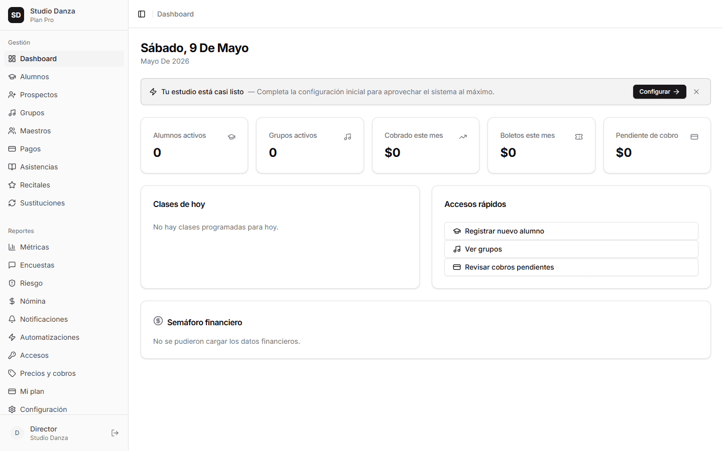 Dashboard del director — Studio Danza Manager